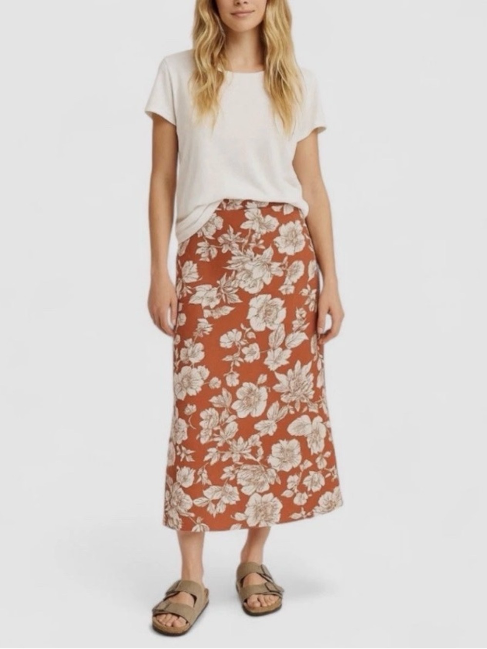 Old Navy High Waisted Linen Blend Elastic Waist Red Floral Maci Skirt in Size M